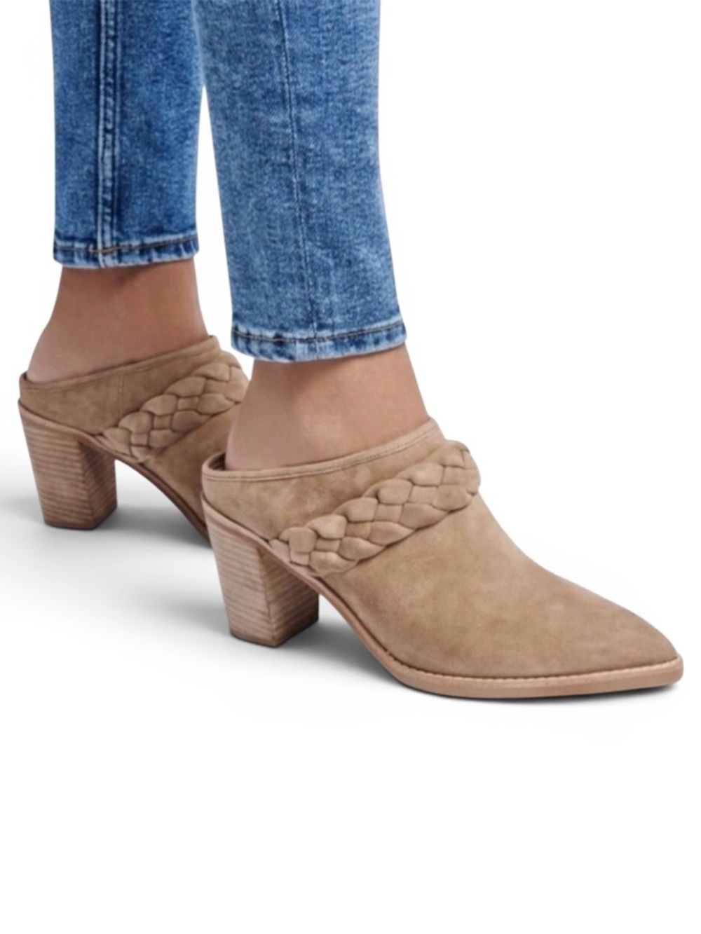 Dolce Vita Serla Braided Truffle Suede Stacked Heel Mules Size 7.5